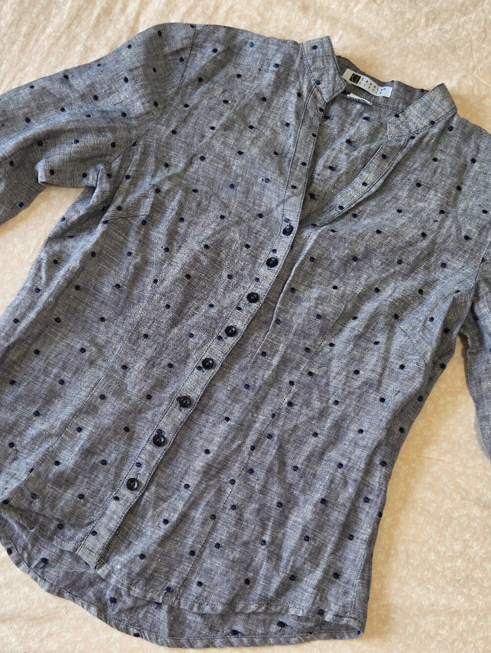 Carole Little 100% Linen Blue Chambray Polka Dot Top Sz S Navy 3/4 Sleeve